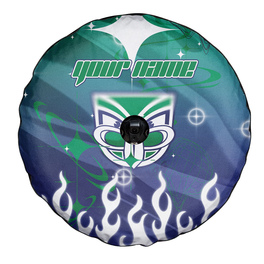 Personalized New Zealand Warriors Spare Tire Cover Y2K Grunge Aesthetic With Cyber Flames and Starburst Graphics