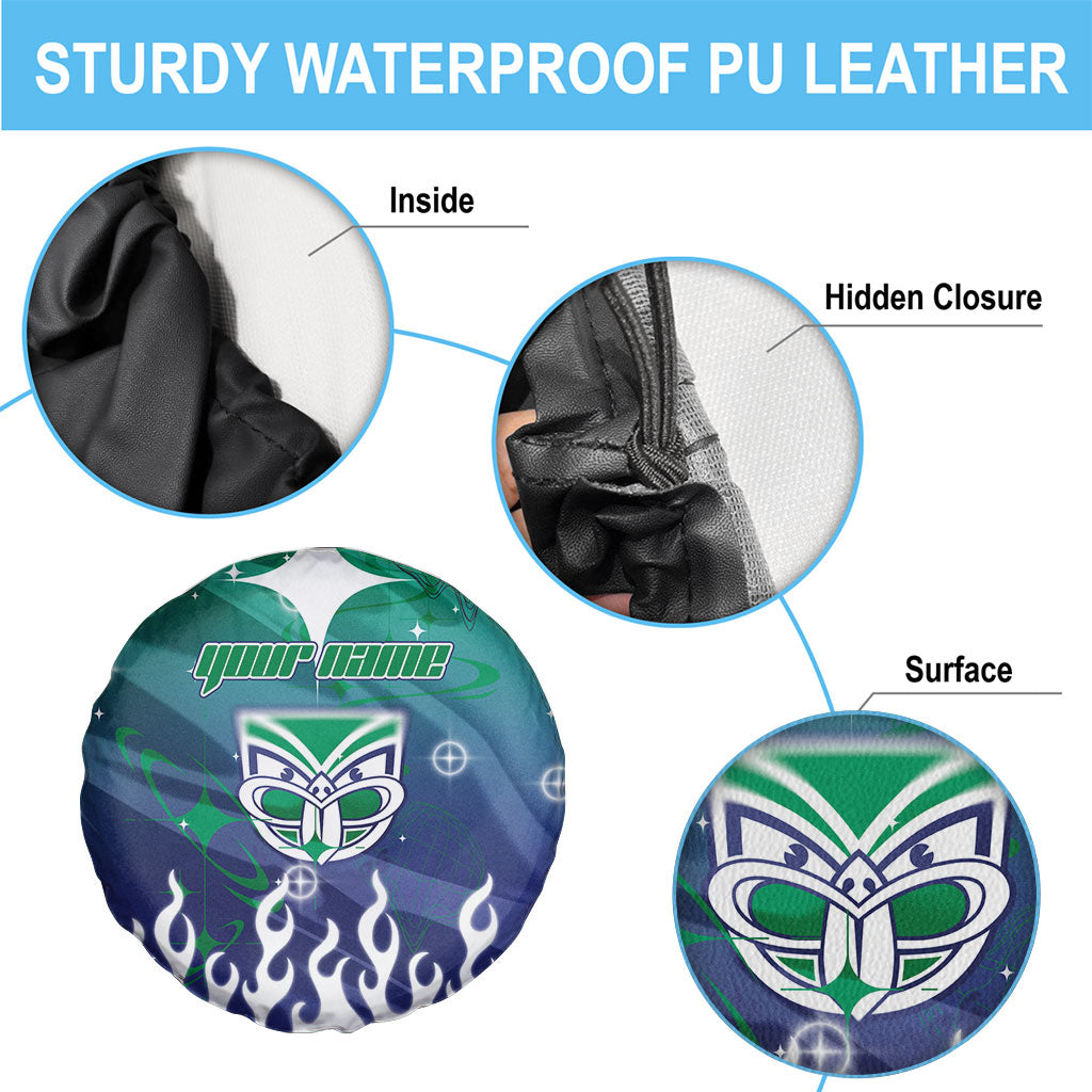 Personalized New Zealand Warriors Spare Tire Cover Y2K Grunge Aesthetic With Cyber Flames and Starburst Graphics