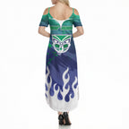 Personalized New Zealand Warriors Summer Maxi Dress Y2K Grunge Aesthetic With Cyber Flames and Starburst Graphics