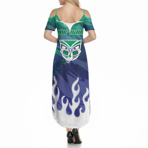 Personalized New Zealand Warriors Summer Maxi Dress Y2K Grunge Aesthetic With Cyber Flames and Starburst Graphics