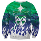 Personalized New Zealand Warriors Sweatshirt Y2K Grunge Aesthetic With Cyber Flames and Starburst Graphics