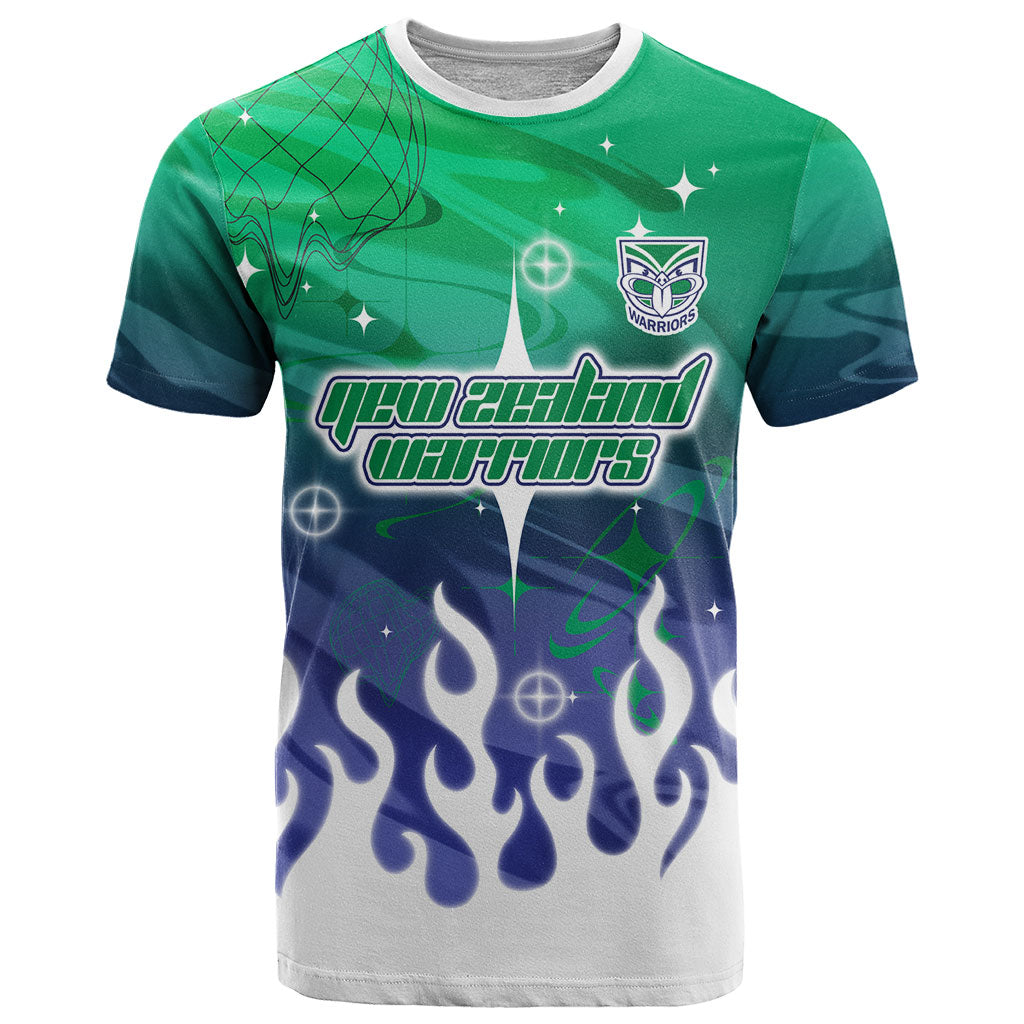 Personalized New Zealand Warriors T Shirt Y2K Grunge Aesthetic With Cyber Flames and Starburst Graphics