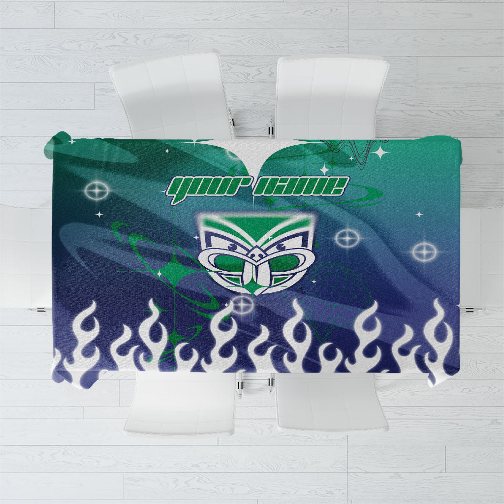 Personalized New Zealand Warriors Tablecloth Y2K Grunge Aesthetic With Cyber Flames and Starburst Graphics