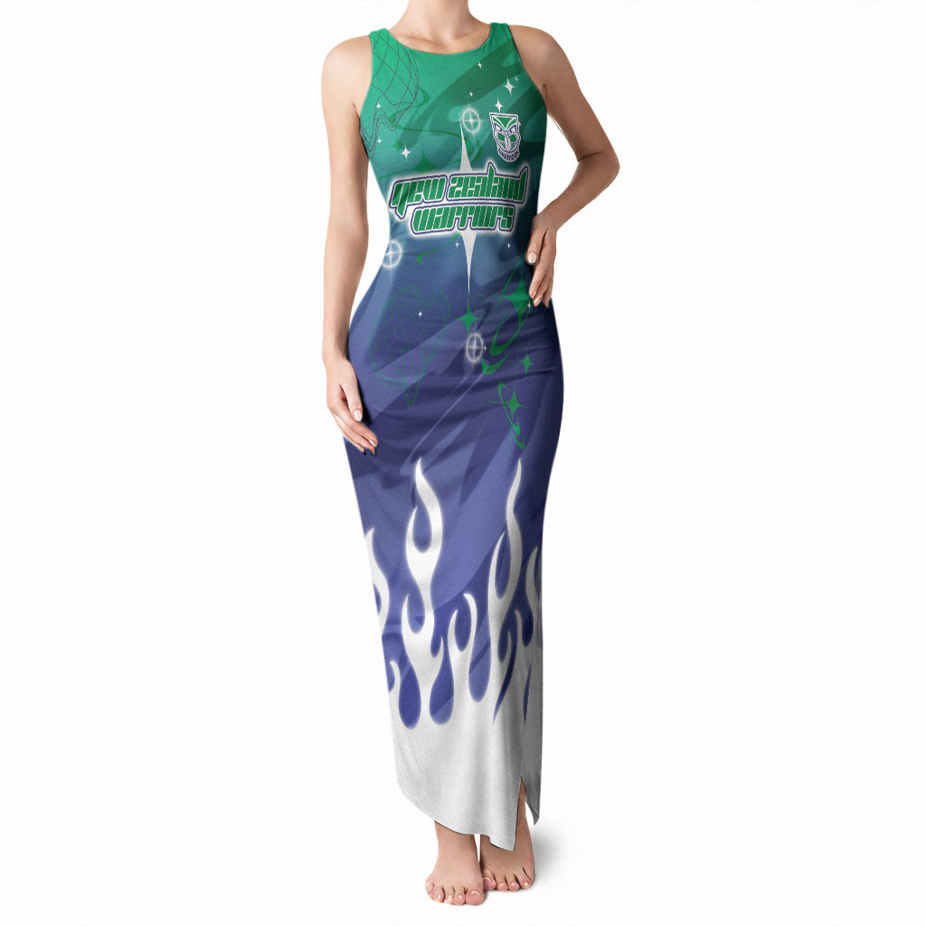 Personalized New Zealand Warriors Tank Maxi Dress Y2K Grunge Aesthetic With Cyber Flames and Starburst Graphics