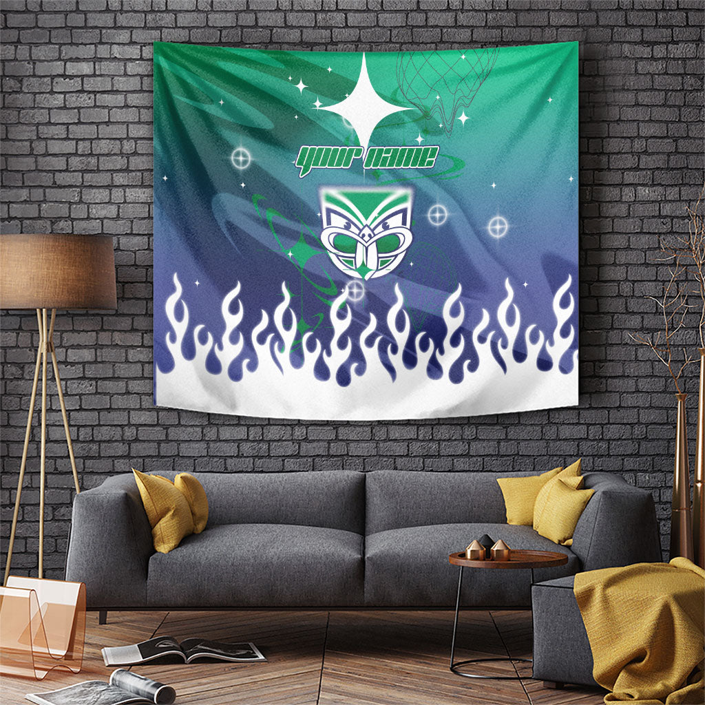 Personalized New Zealand Warriors Tapestry Y2K Grunge Aesthetic With Cyber Flames and Starburst Graphics