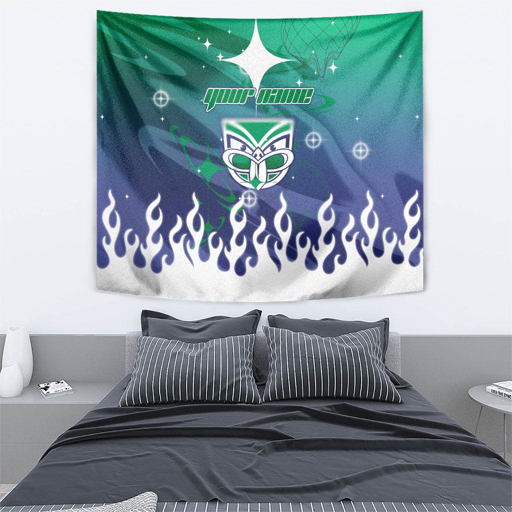 Personalized New Zealand Warriors Tapestry Y2K Grunge Aesthetic With Cyber Flames and Starburst Graphics