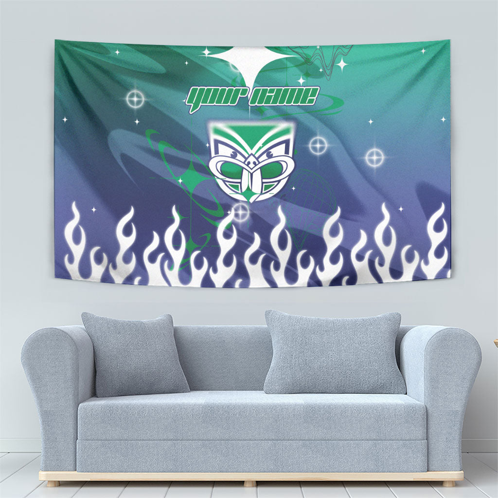 Personalized New Zealand Warriors Tapestry Y2K Grunge Aesthetic With Cyber Flames and Starburst Graphics