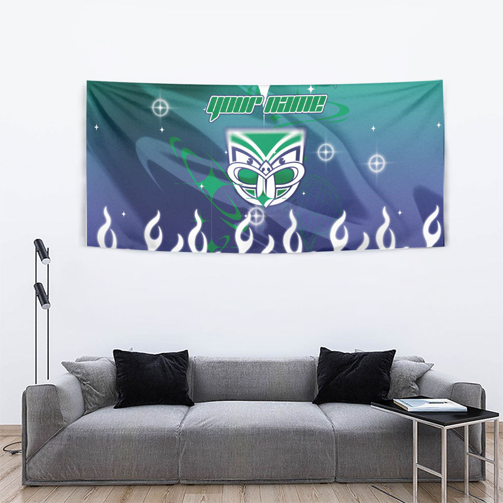 Personalized New Zealand Warriors Tapestry Y2K Grunge Aesthetic With Cyber Flames and Starburst Graphics