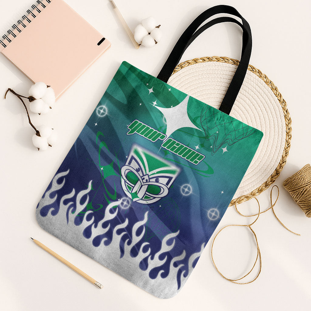 Personalized New Zealand Warriors Tote Bag Y2K Grunge Aesthetic With Cyber Flames and Starburst Graphics