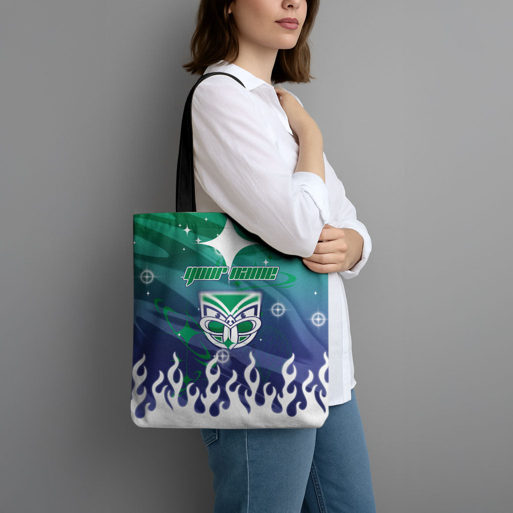 Personalized New Zealand Warriors Tote Bag Y2K Grunge Aesthetic With Cyber Flames and Starburst Graphics