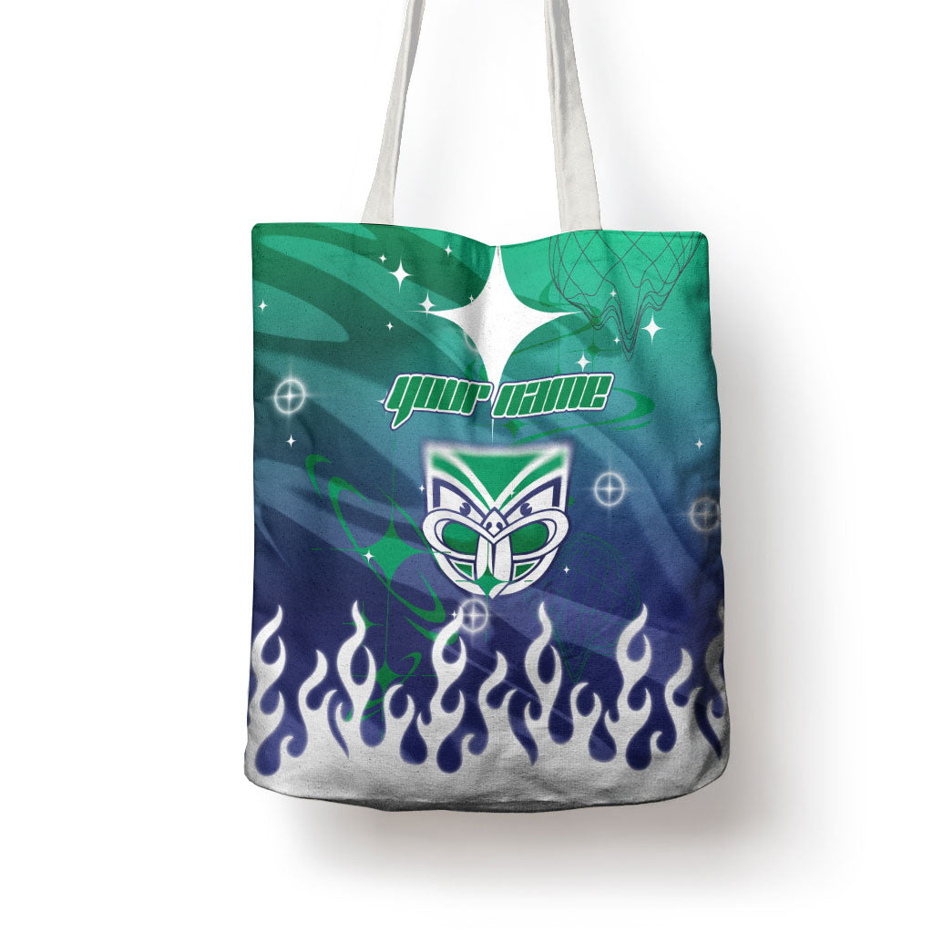 Personalized New Zealand Warriors Tote Bag Y2K Grunge Aesthetic With Cyber Flames and Starburst Graphics
