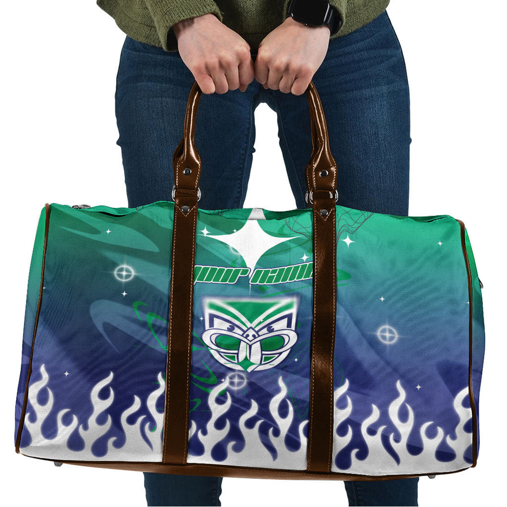 Personalized New Zealand Warriors Travel Bag Y2K Grunge Aesthetic With Cyber Flames and Starburst Graphics