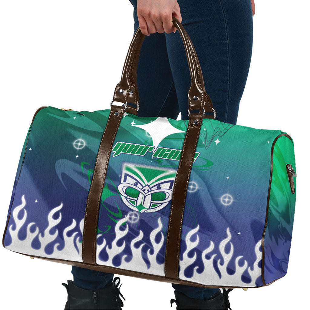 Personalized New Zealand Warriors Travel Bag Y2K Grunge Aesthetic With Cyber Flames and Starburst Graphics