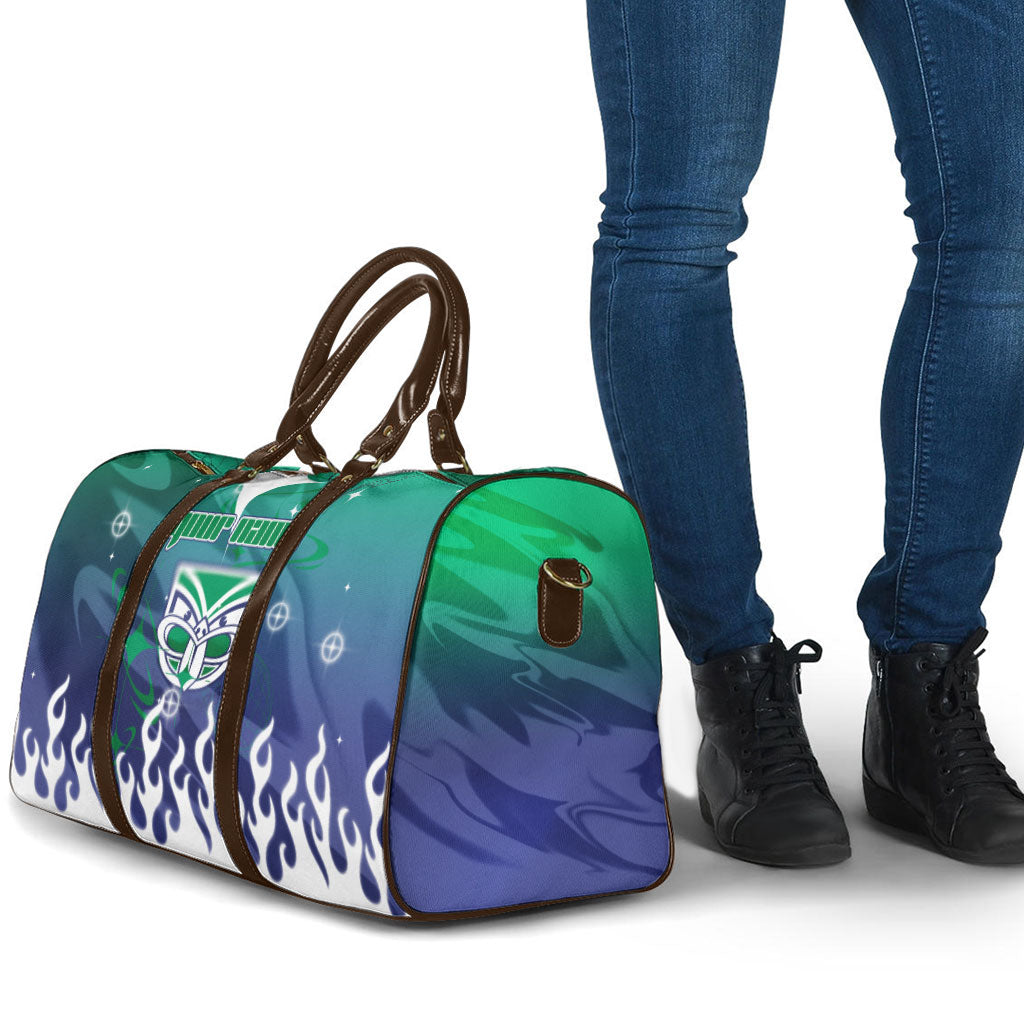 Personalized New Zealand Warriors Travel Bag Y2K Grunge Aesthetic With Cyber Flames and Starburst Graphics