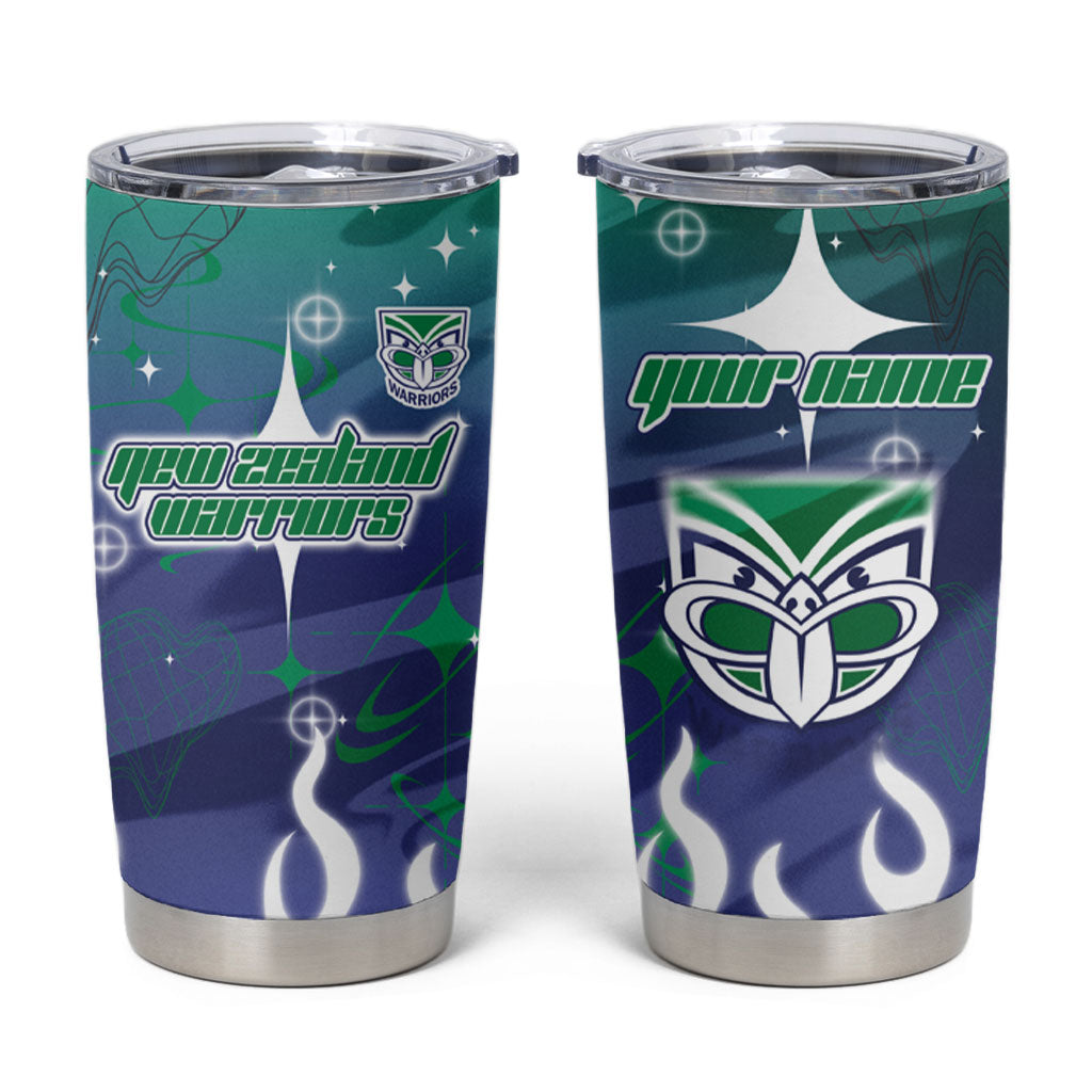 Personalized New Zealand Warriors Tumbler Cup Y2K Grunge Aesthetic With Cyber Flames and Starburst Graphics