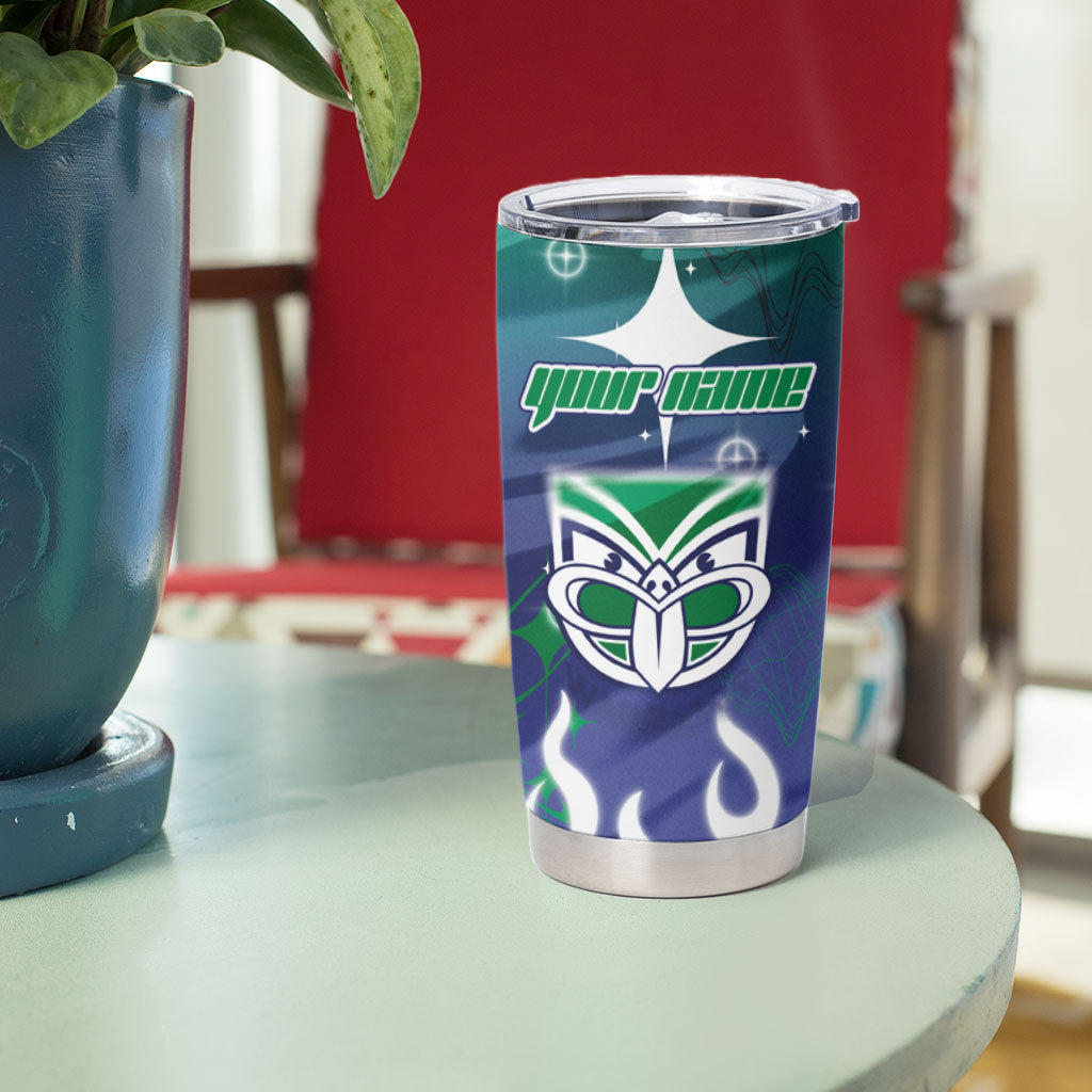 Personalized New Zealand Warriors Tumbler Cup Y2K Grunge Aesthetic With Cyber Flames and Starburst Graphics