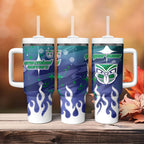 Personalized New Zealand Warriors Tumbler With Handle Y2K Grunge Aesthetic With Cyber Flames and Starburst Graphics