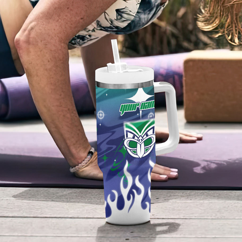 Personalized New Zealand Warriors Tumbler With Handle Y2K Grunge Aesthetic With Cyber Flames and Starburst Graphics