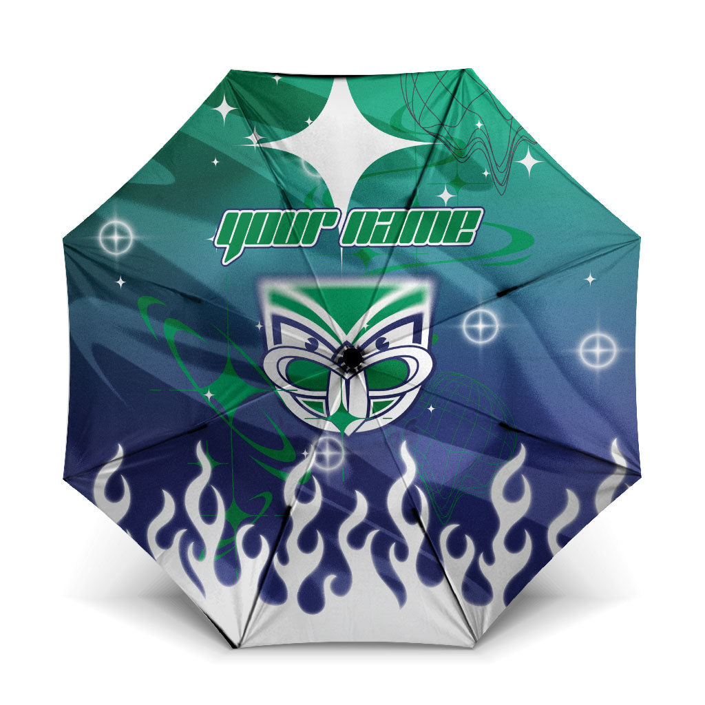 Personalized New Zealand Warriors Umbrella Y2K Grunge Aesthetic With Cyber Flames and Starburst Graphics