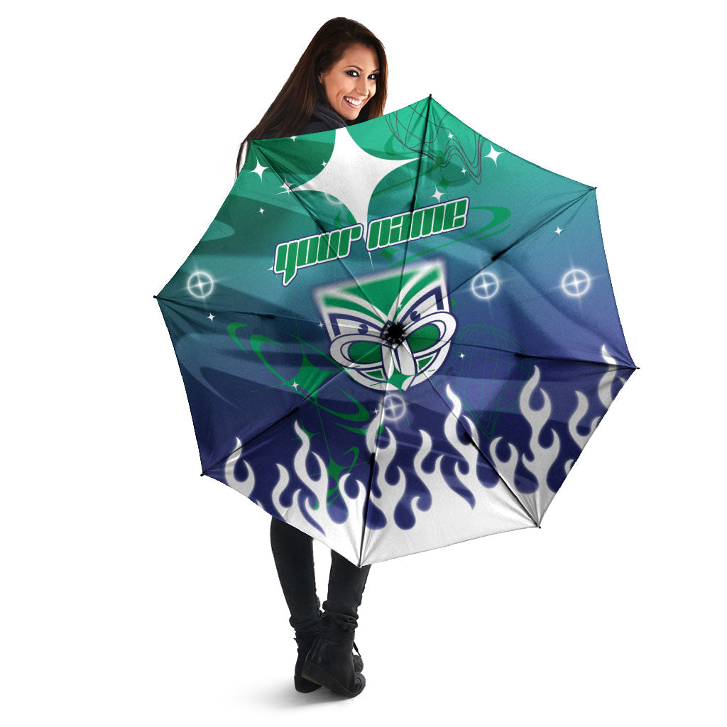 Personalized New Zealand Warriors Umbrella Y2K Grunge Aesthetic With Cyber Flames and Starburst Graphics
