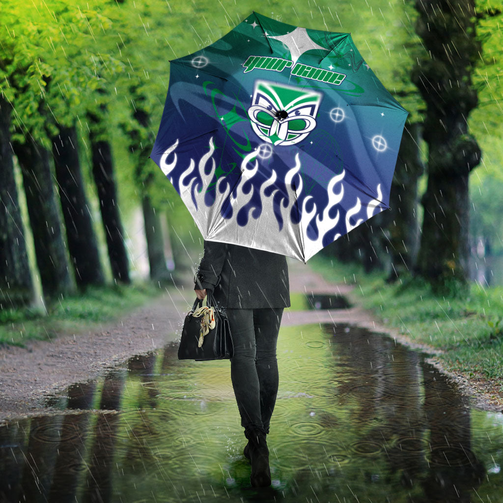 Personalized New Zealand Warriors Umbrella Y2K Grunge Aesthetic With Cyber Flames and Starburst Graphics