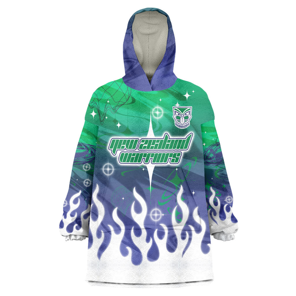 Personalized New Zealand Warriors Wearable Blanket Hoodie Y2K Grunge Aesthetic With Cyber Flames and Starburst Graphics