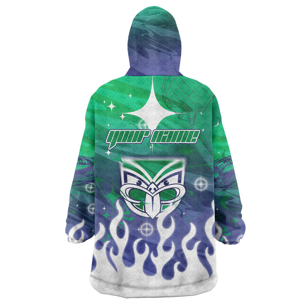 Personalized New Zealand Warriors Wearable Blanket Hoodie Y2K Grunge Aesthetic With Cyber Flames and Starburst Graphics