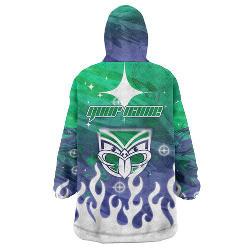 Personalized New Zealand Warriors Wearable Blanket Hoodie Y2K Grunge Aesthetic With Cyber Flames and Starburst Graphics