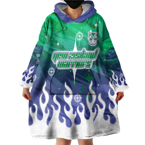 Personalized New Zealand Warriors Wearable Blanket Hoodie Y2K Grunge Aesthetic With Cyber Flames and Starburst Graphics