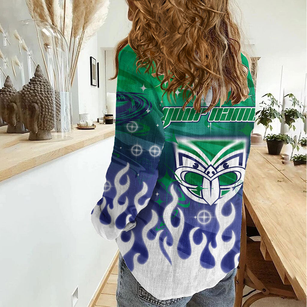 Personalized New Zealand Warriors Women Casual Shirt Y2K Grunge Aesthetic With Cyber Flames and Starburst Graphics