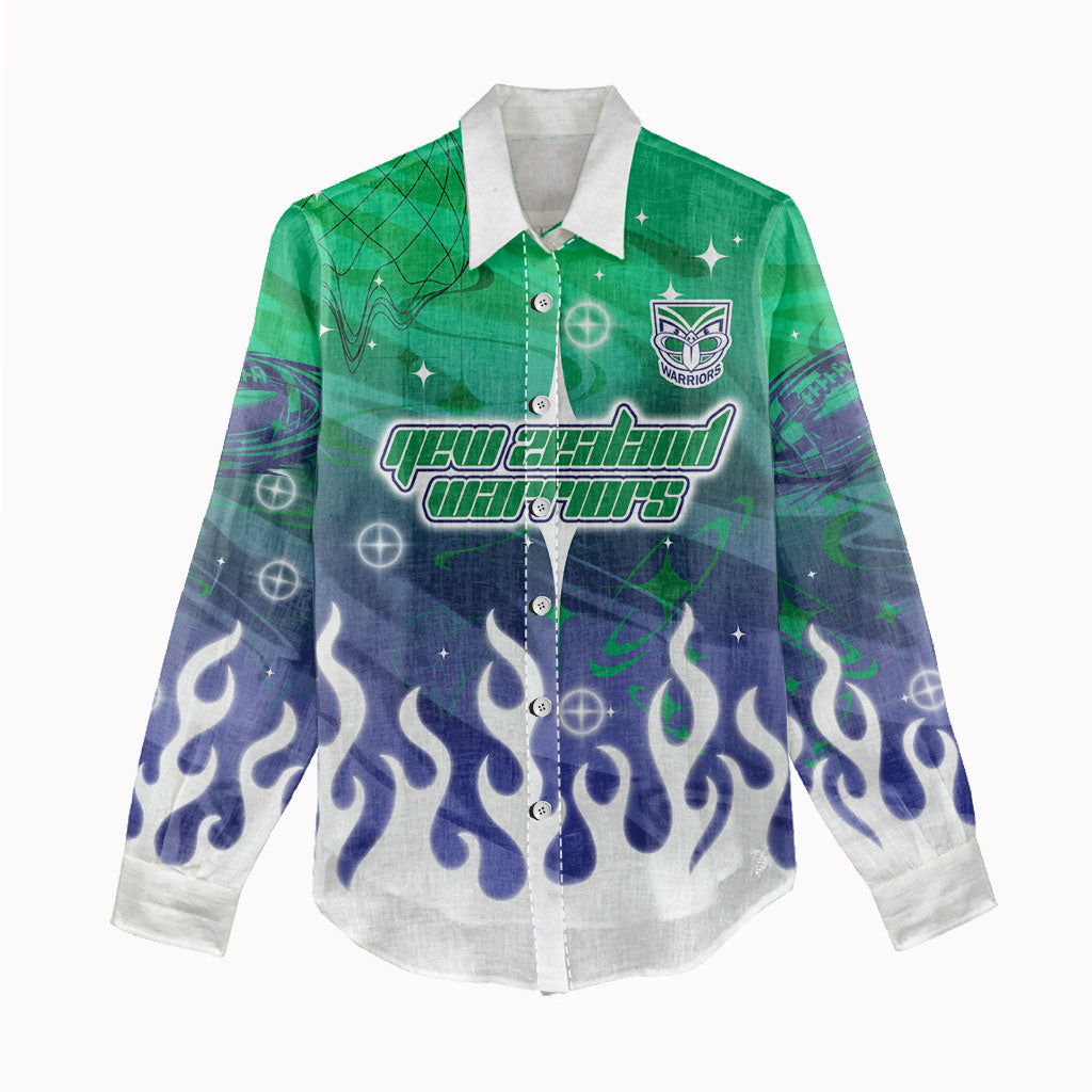 Personalized New Zealand Warriors Women Casual Shirt Y2K Grunge Aesthetic With Cyber Flames and Starburst Graphics