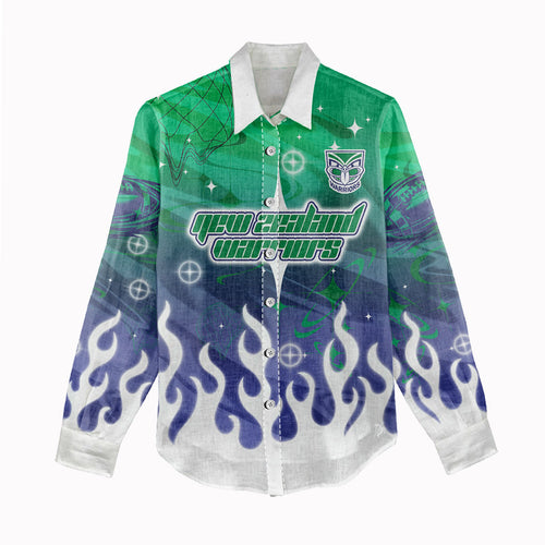 Personalized New Zealand Warriors Women Casual Shirt Y2K Grunge Aesthetic With Cyber Flames and Starburst Graphics