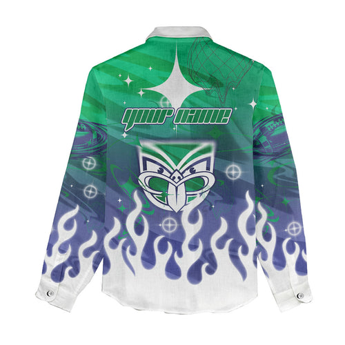 Personalized New Zealand Warriors Women Casual Shirt Y2K Grunge Aesthetic With Cyber Flames and Starburst Graphics