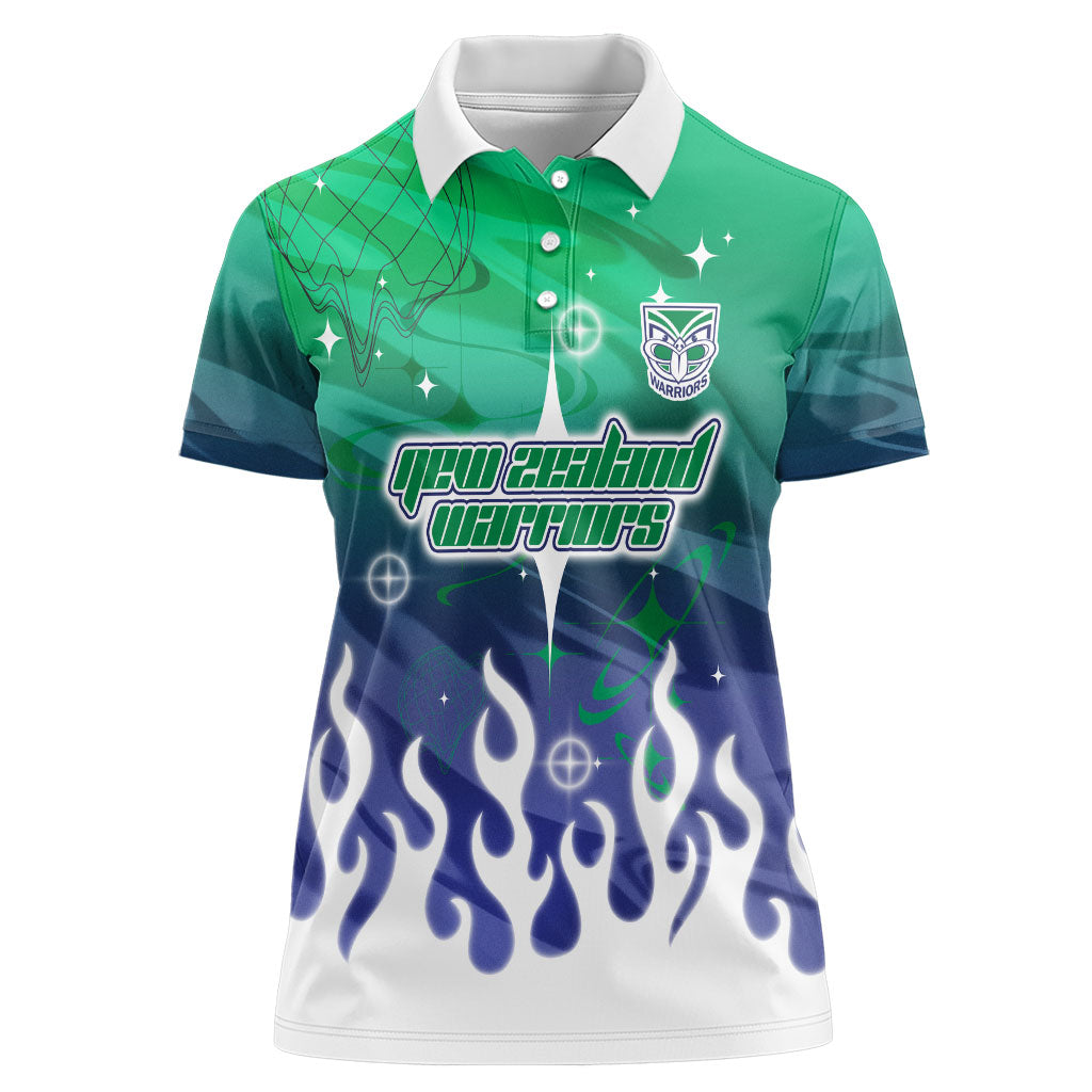 Personalized New Zealand Warriors Women Polo Shirt Y2K Grunge Aesthetic With Cyber Flames and Starburst Graphics