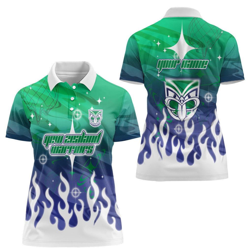 Personalized New Zealand Warriors Women Polo Shirt Y2K Grunge Aesthetic With Cyber Flames and Starburst Graphics