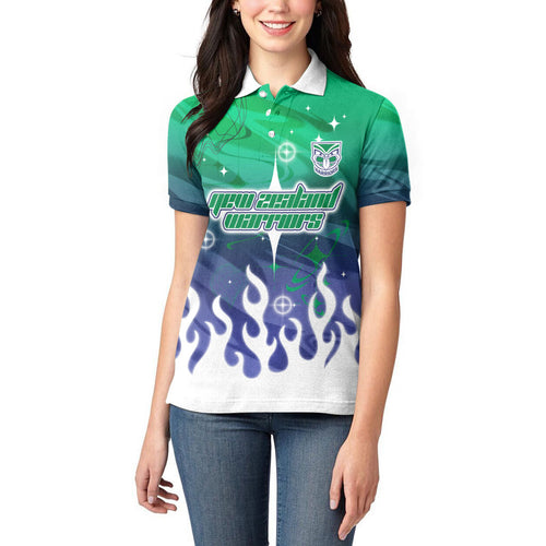 Personalized New Zealand Warriors Women Polo Shirt Y2K Grunge Aesthetic With Cyber Flames and Starburst Graphics