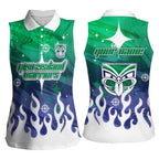 Personalized New Zealand Warriors Women Sleeveless Polo Shirt Y2K Grunge Aesthetic With Cyber Flames and Starburst Graphics