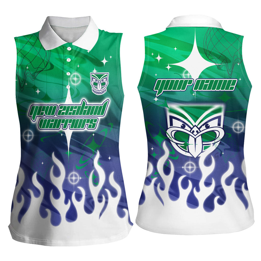 Personalized New Zealand Warriors Women Sleeveless Polo Shirt Y2K Grunge Aesthetic With Cyber Flames and Starburst Graphics
