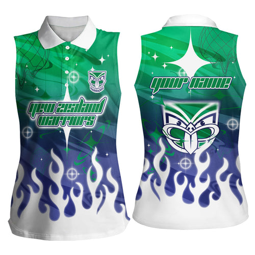 Personalized New Zealand Warriors Women Sleeveless Polo Shirt Y2K Grunge Aesthetic With Cyber Flames and Starburst Graphics