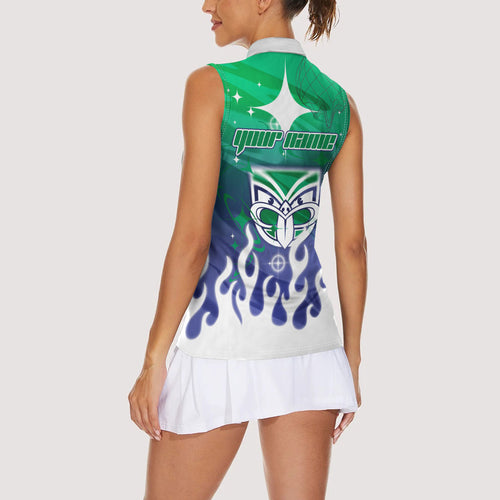 Personalized New Zealand Warriors Women Sleeveless Polo Shirt Y2K Grunge Aesthetic With Cyber Flames and Starburst Graphics