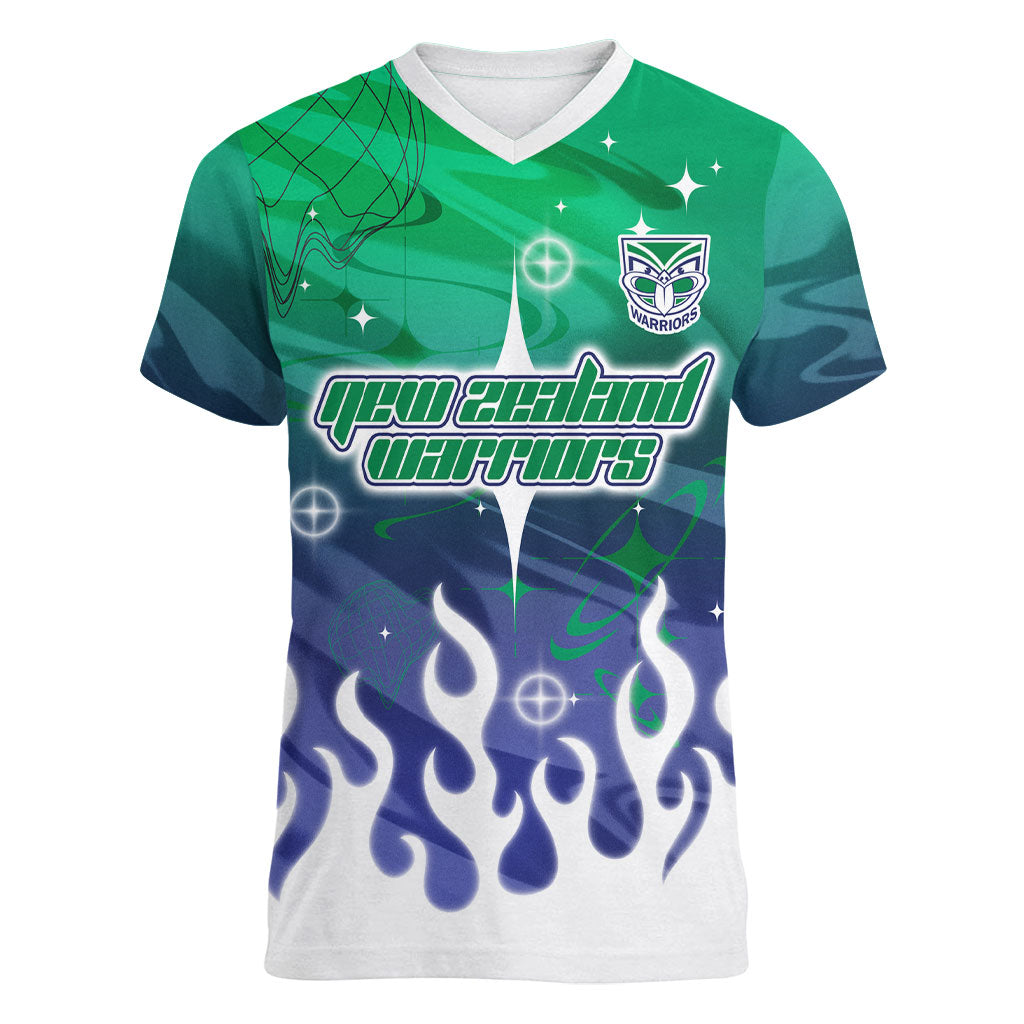 Personalized New Zealand Warriors Women V-Neck T-Shirt Y2K Grunge Aesthetic With Cyber Flames and Starburst Graphics