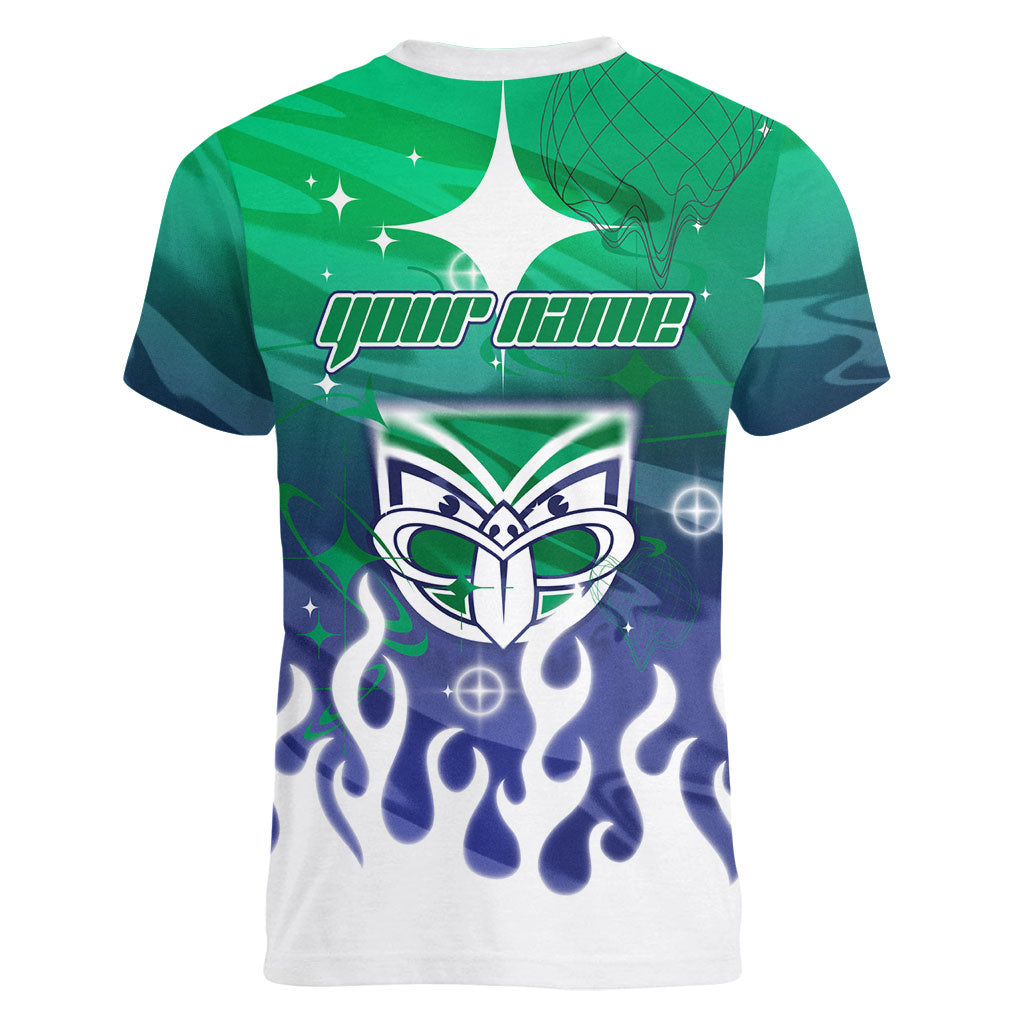 Personalized New Zealand Warriors Women V-Neck T-Shirt Y2K Grunge Aesthetic With Cyber Flames and Starburst Graphics