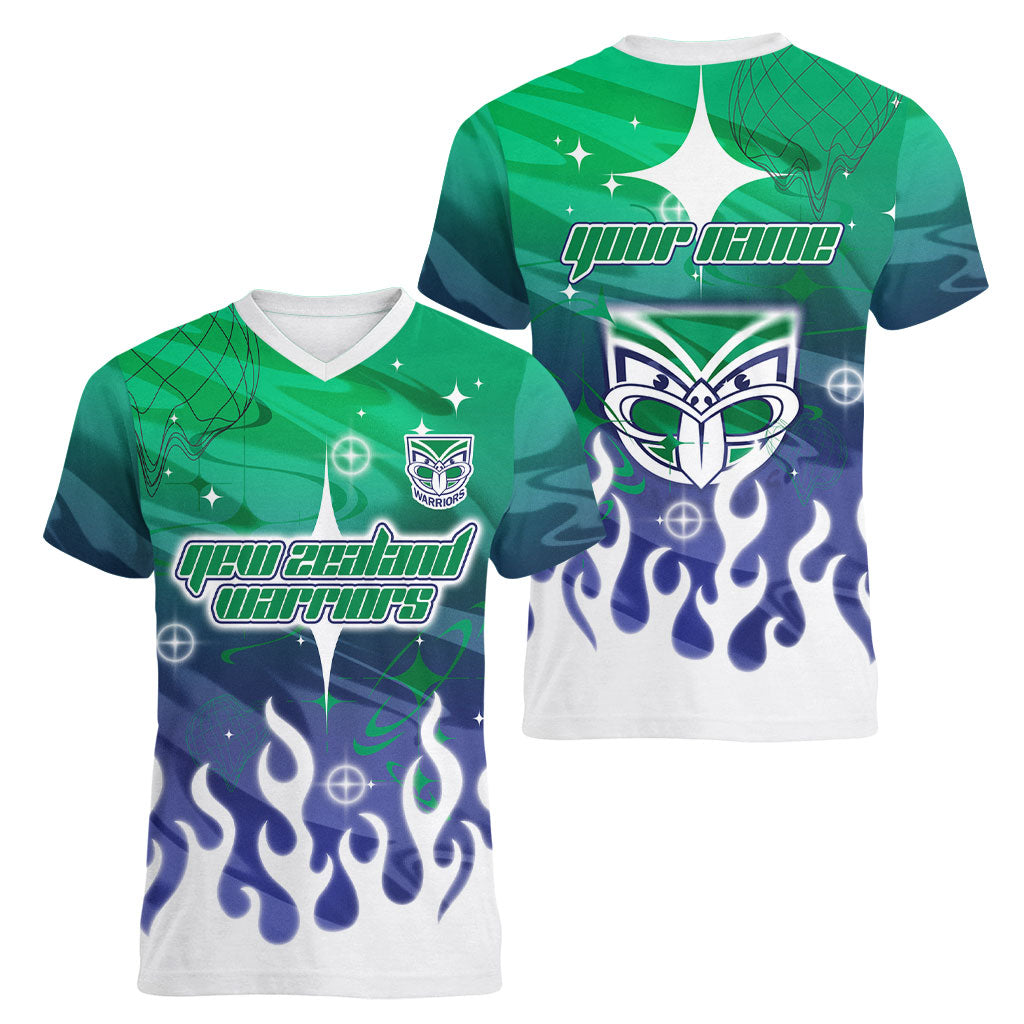 Personalized New Zealand Warriors Women V-Neck T-Shirt Y2K Grunge Aesthetic With Cyber Flames and Starburst Graphics