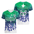 Personalized New Zealand Warriors Women V-Neck T-Shirt Y2K Grunge Aesthetic With Cyber Flames and Starburst Graphics