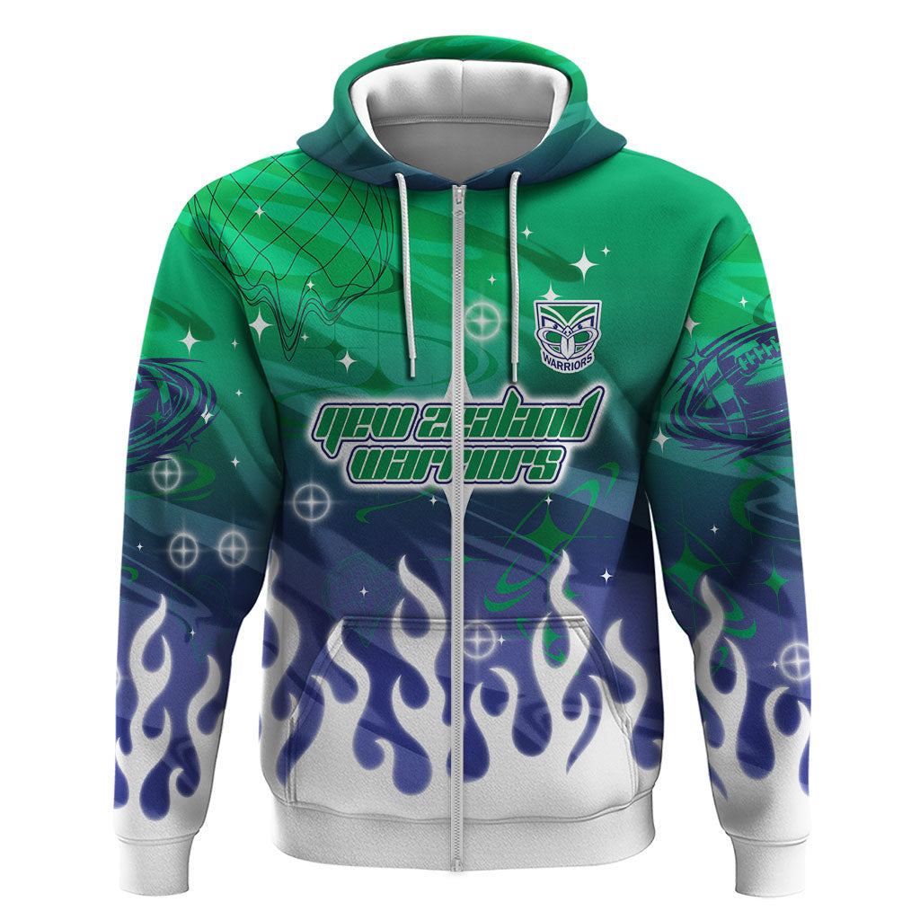 Personalized New Zealand Warriors Zip Hoodie Y2K Grunge Aesthetic With Cyber Flames and Starburst Graphics
