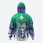 Personalized New Zealand Warriors Zip Hoodie Y2K Grunge Aesthetic With Cyber Flames and Starburst Graphics