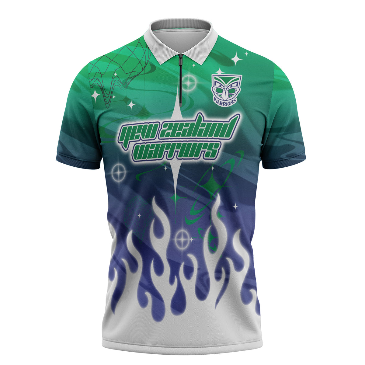 Personalized New Zealand Warriors Zipper Polo Shirt Y2K Grunge Aesthetic With Cyber Flames and Starburst Graphics