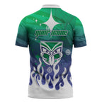 Personalized New Zealand Warriors Zipper Polo Shirt Y2K Grunge Aesthetic With Cyber Flames and Starburst Graphics