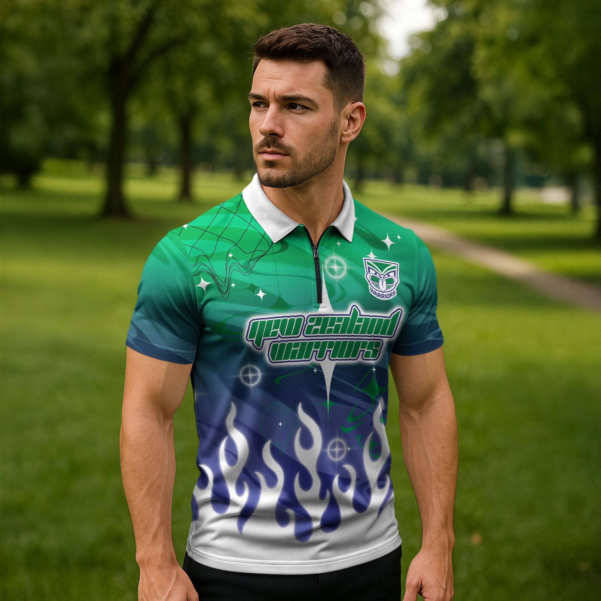 Personalized New Zealand Warriors Zipper Polo Shirt Y2K Grunge Aesthetic With Cyber Flames and Starburst Graphics