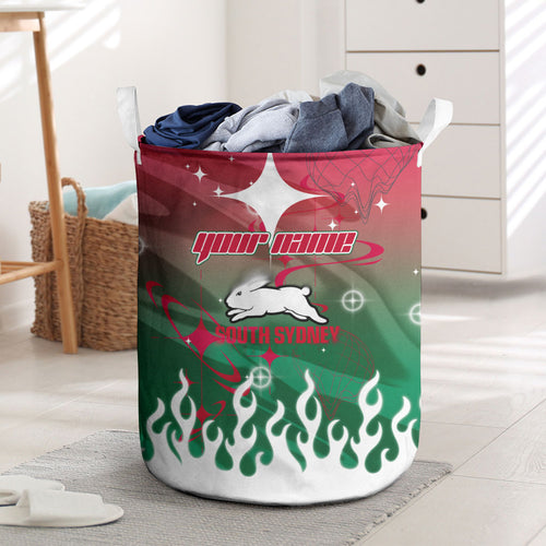 Personalized South Sydney Rabbitohs Laundry Basket Y2K Grunge Aesthetic With Cyber Flames and Starburst Graphics